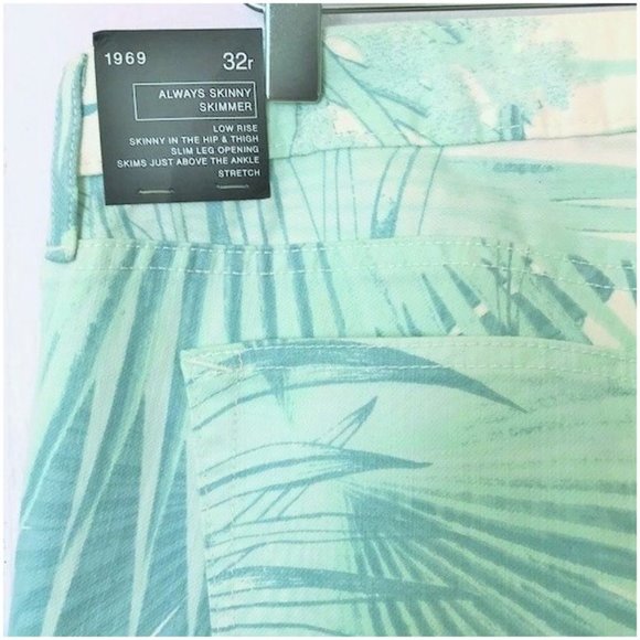 GAP 1969 WHITE MINT GREEN PALM FROND ALWAYS SKINNY SKIMMER LOW RISE JEANS 32R - Picture 8 of 10